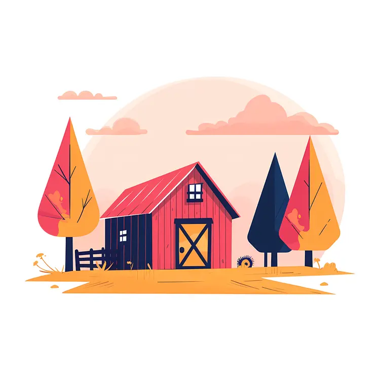 Red Barn with Trees and Fence