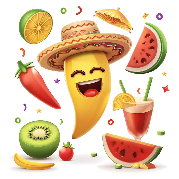 Happy Banana with Sombrero and Fruits