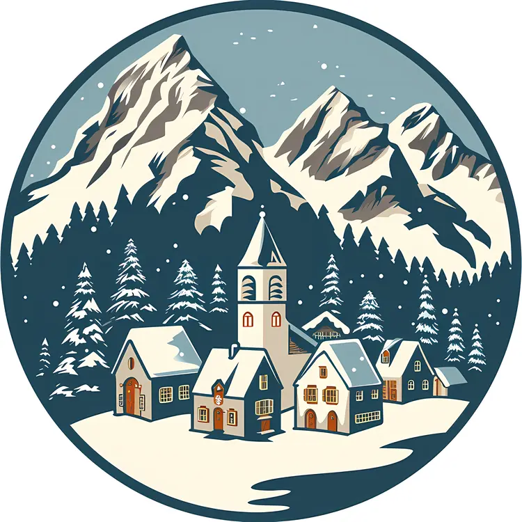 Snowy Village in Winter Mountains
