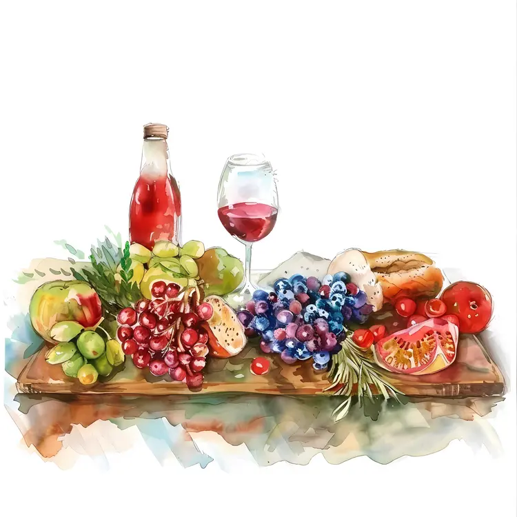 Food and Wine Arrangement with Bread and Fruits
