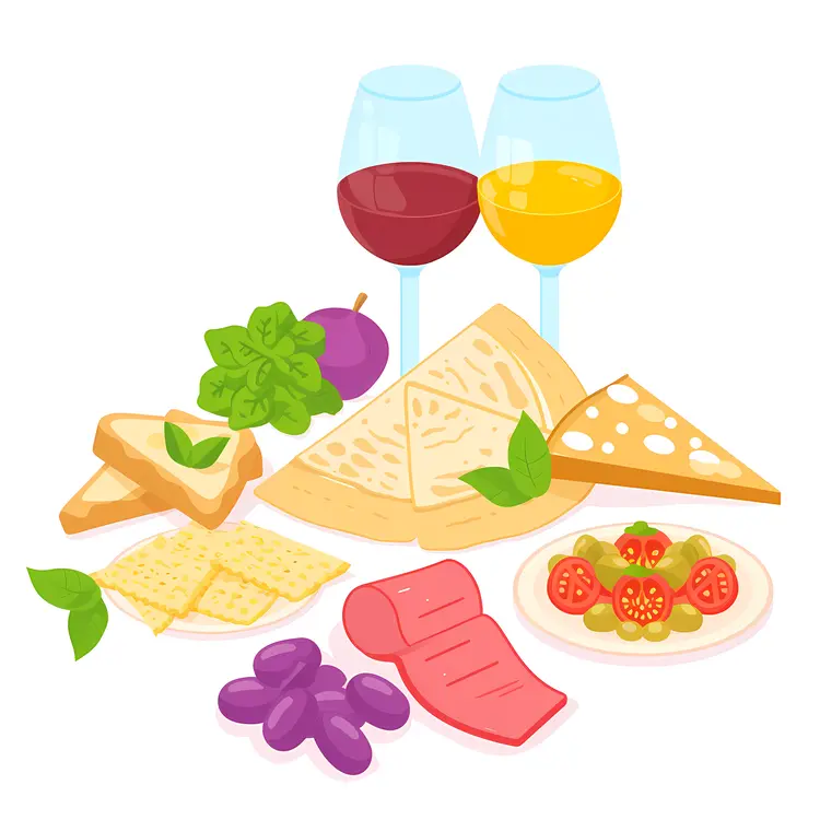 Cheese and Wine with Crackers, Ham, and Vegetables
