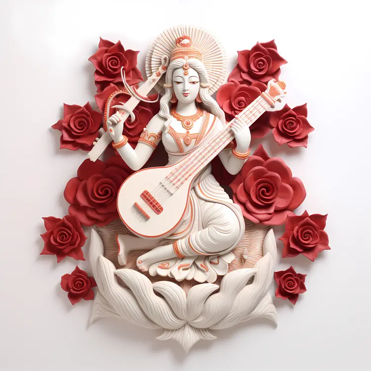 Goddess with Veena and Roses Illustration