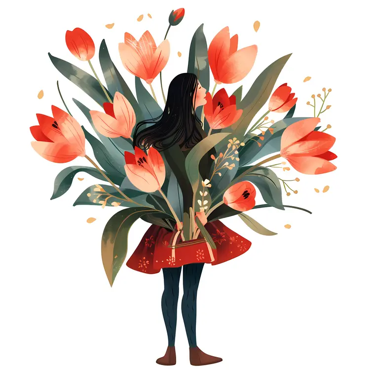 Illustration of Girl Holding Tulips and Leaves