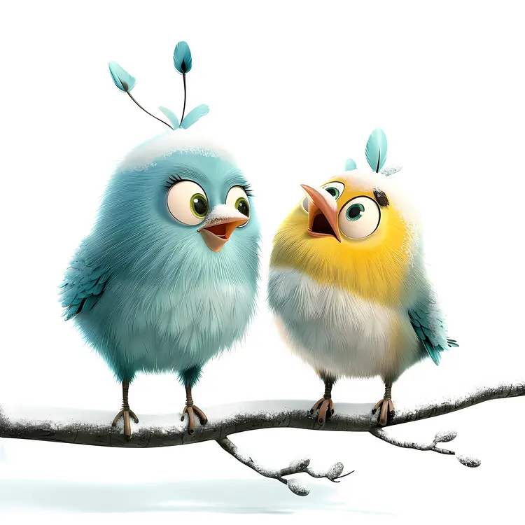 Two Cute Cartoon Birds on a Branch