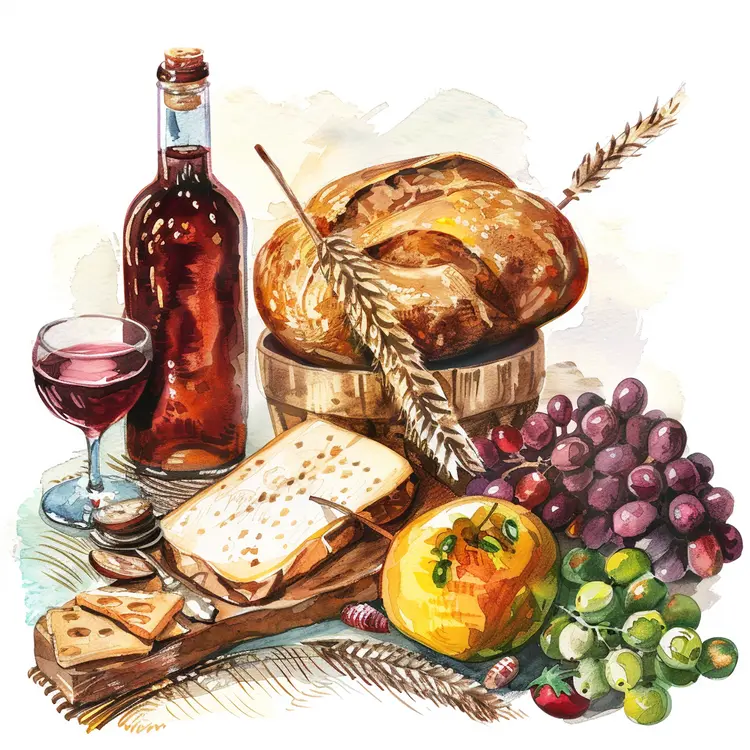 Delicious Bread and Wine with Cheese and Grapes