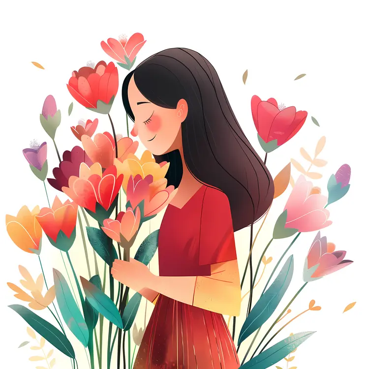 Girl in Red Dress with Flowers