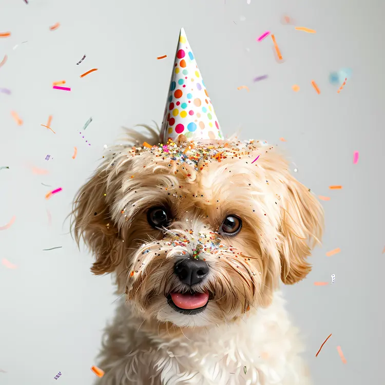 White Fluffy Dog with Birthday Hat and Confetti