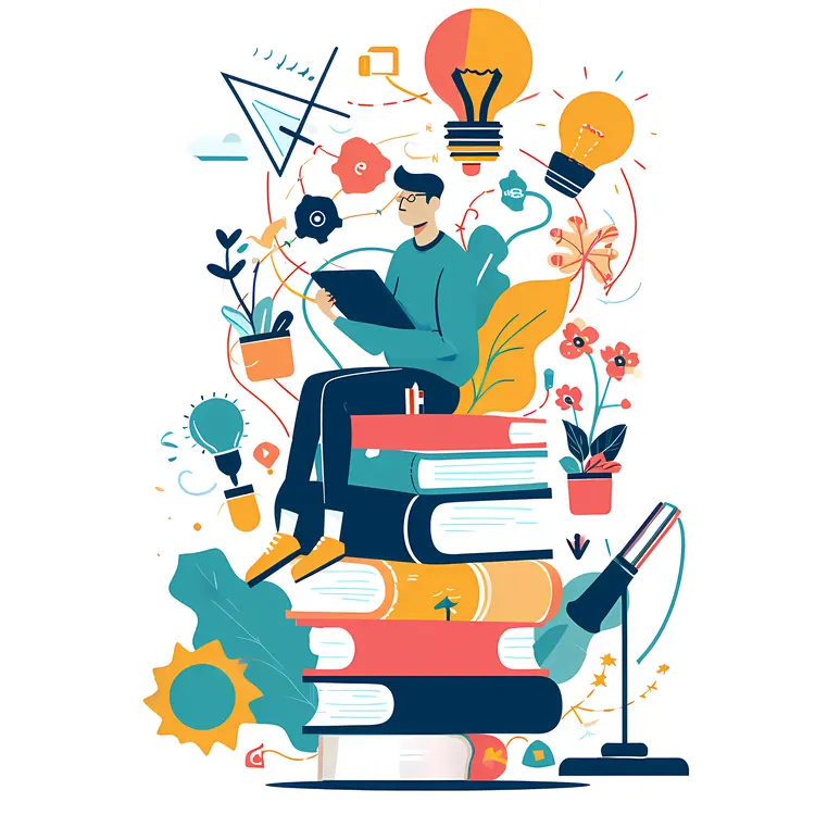 Student Reading on Stack of Books with Ideas