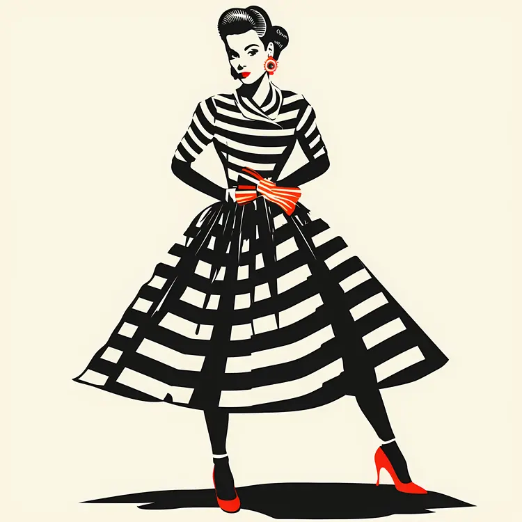 Elegant Woman in Black and White Striped Dress