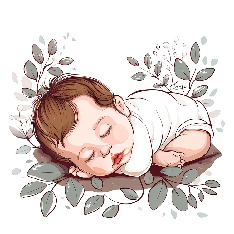 Illustration of Sleeping Baby with Leaves