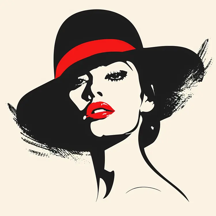 Stylish Woman in Black Hat with Red Lips