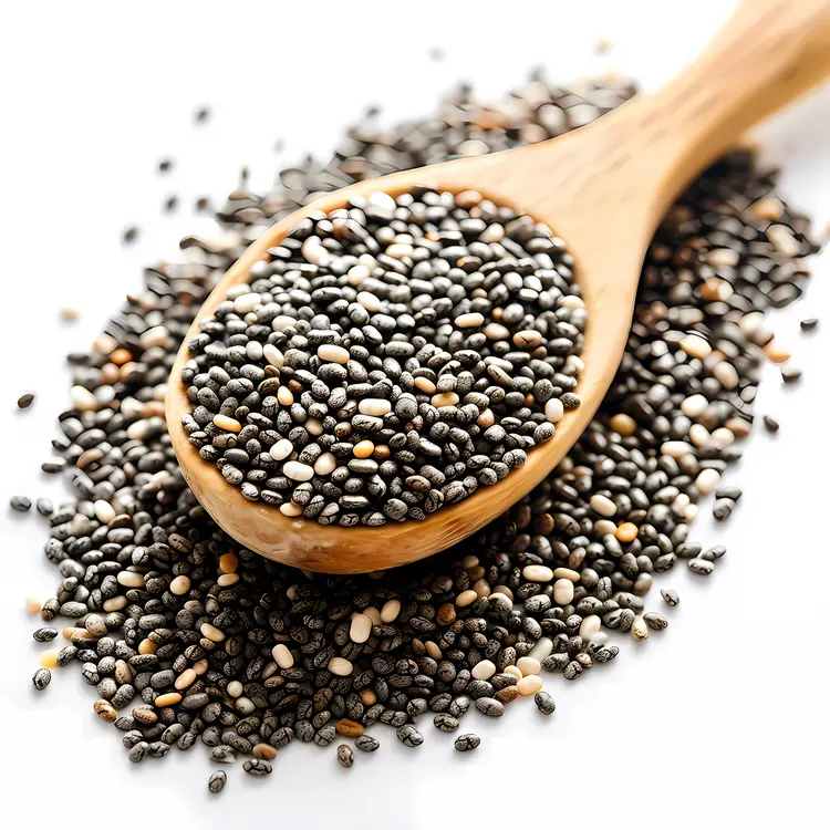 Chia Seeds on Wooden Spoon with White Background