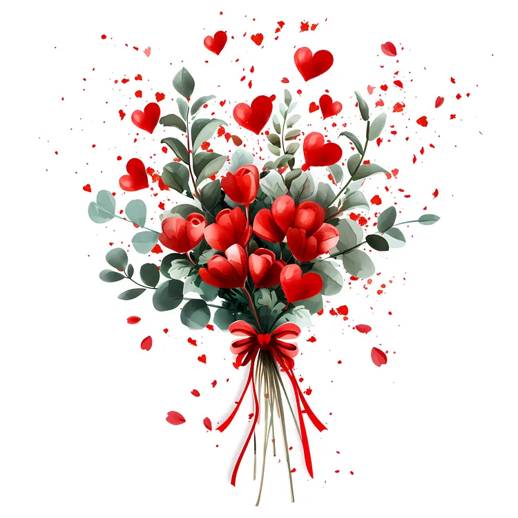 Bouquet of Red Flowers with Hearts