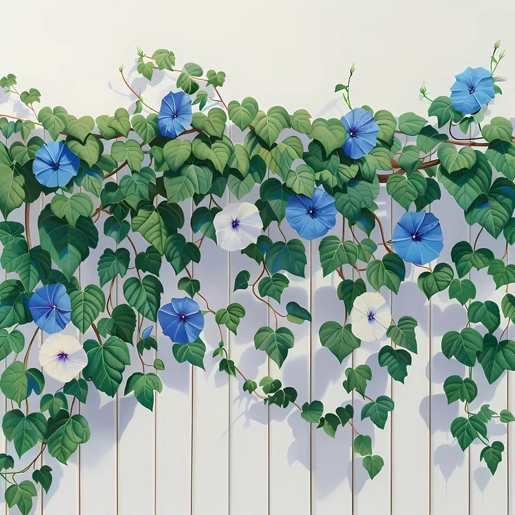 Blue and White Morning Glories on White Fence