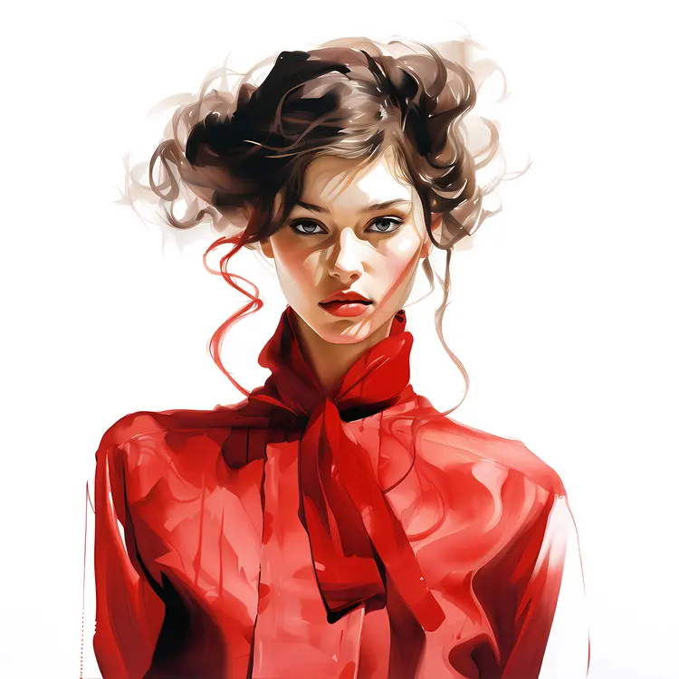 Woman in Red Blouse with Curly Hair