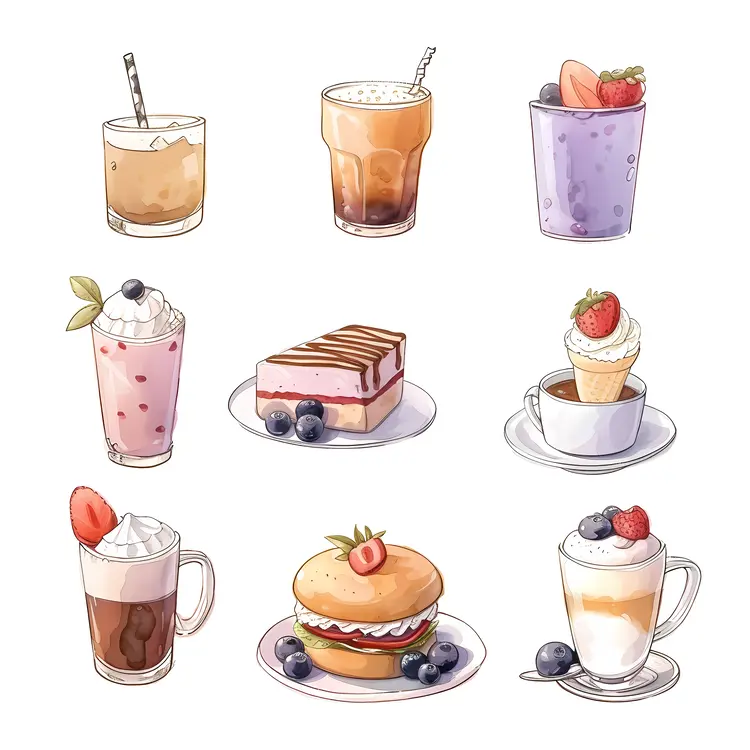 Cute Desserts and Drinks Illustration