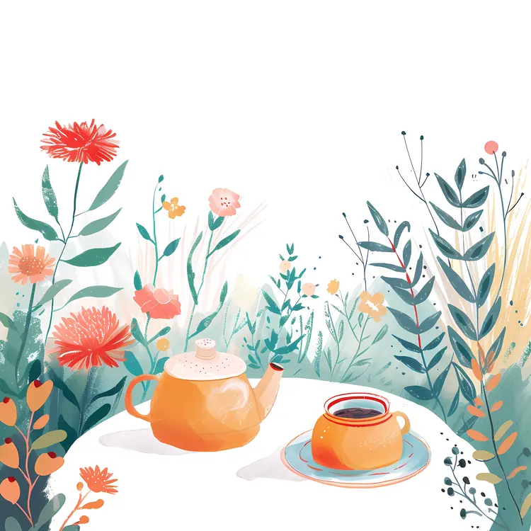 Teapot and Cup in Flower Garden