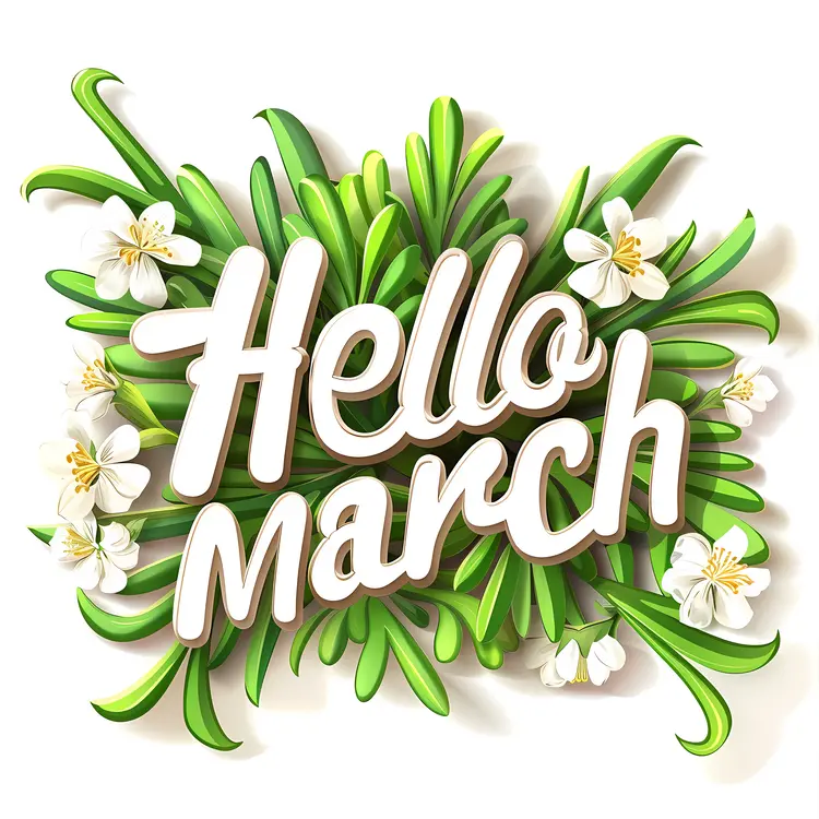 Hello March with Green Leaves Illustration