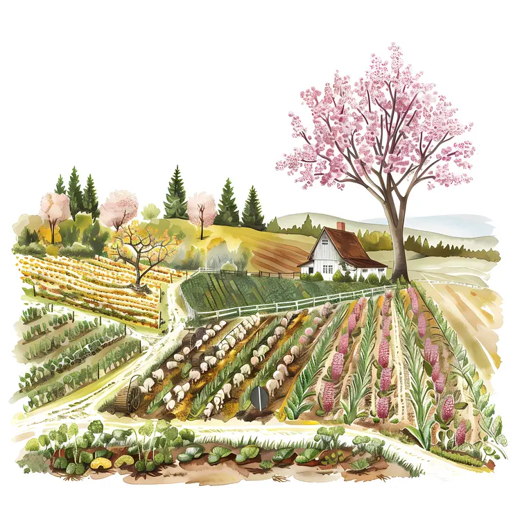Farm with Pink Tree and Fields