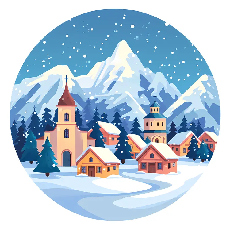 Snowy Village in Mountains