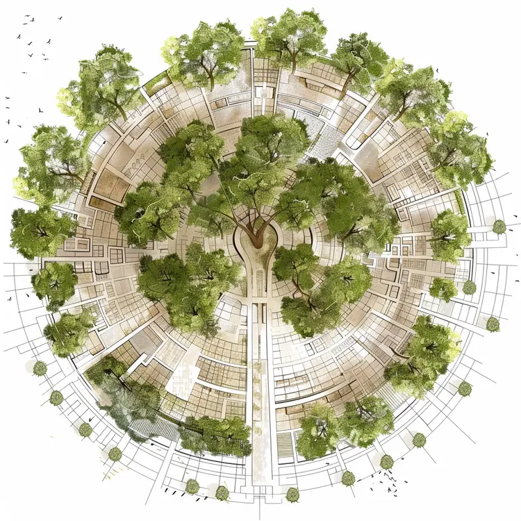 Green Circular Architectural Plan with Trees