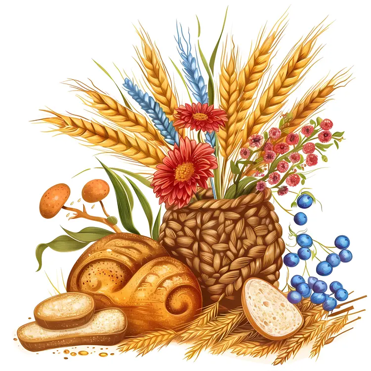 Harvest Basket with Bread and Wheat