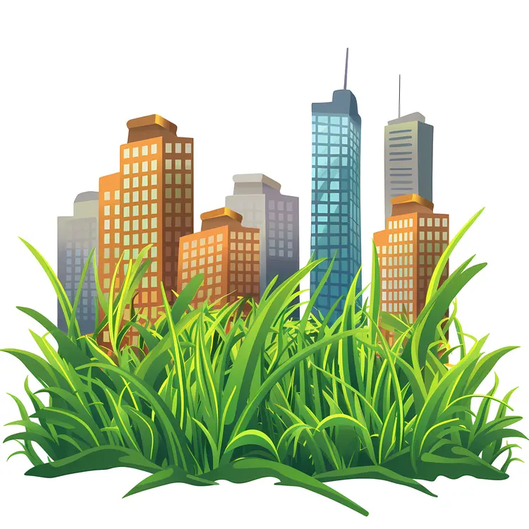 Green Grass with City Buildings