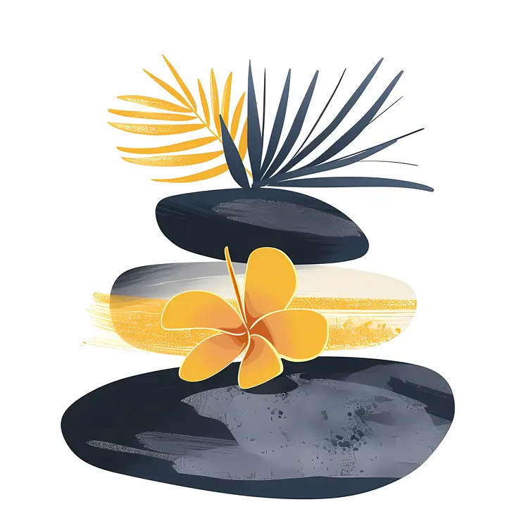 Zen Stacked Stones with Yellow Flower and Leaves