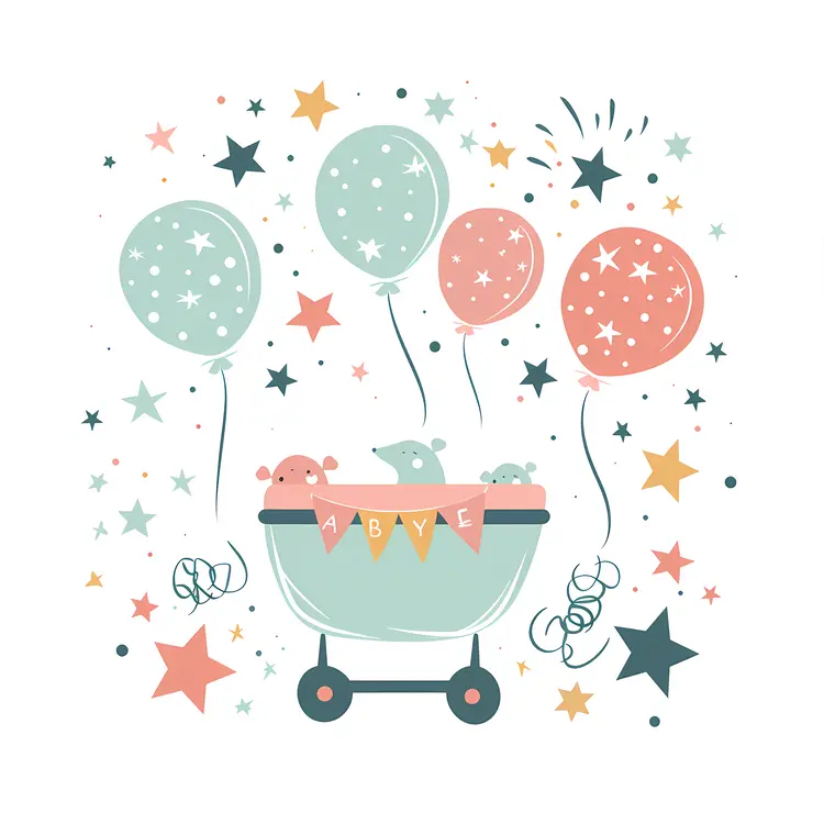 Baby Carriage with Balloons and Stars