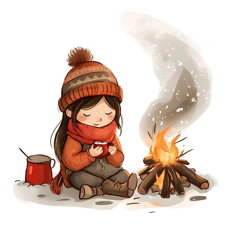 Girl Sitting by Campfire in Snow