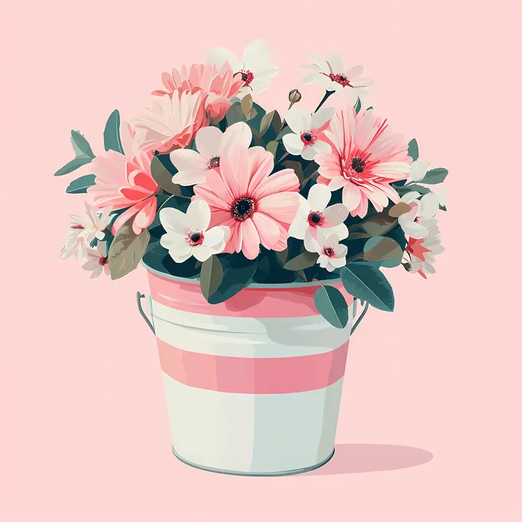 Pink and White Flowers in a Striped Bucket