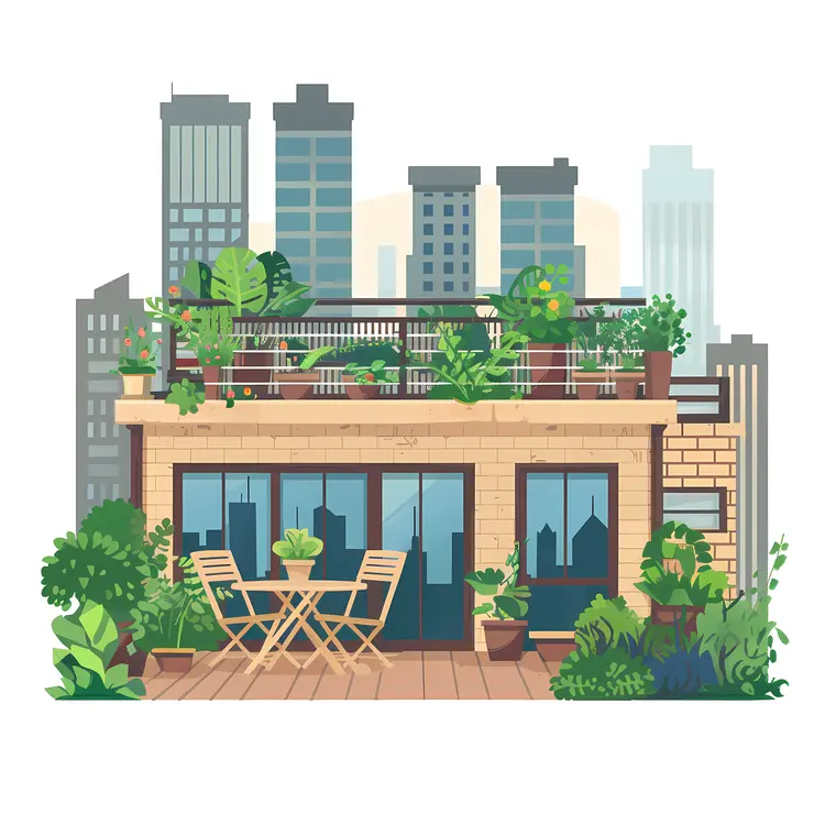 Urban Rooftop Garden with Potted Plants