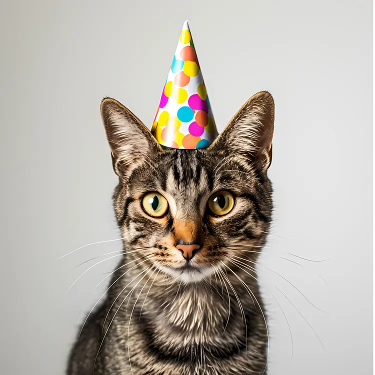 Tabby Cat with Birthday Hat