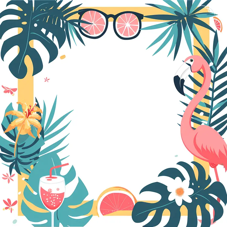 Tropical Frame with Flamingo and Leaves