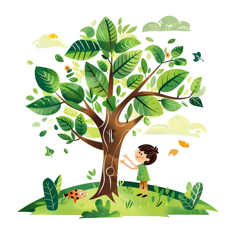 Child Hugging a Tree Illustration