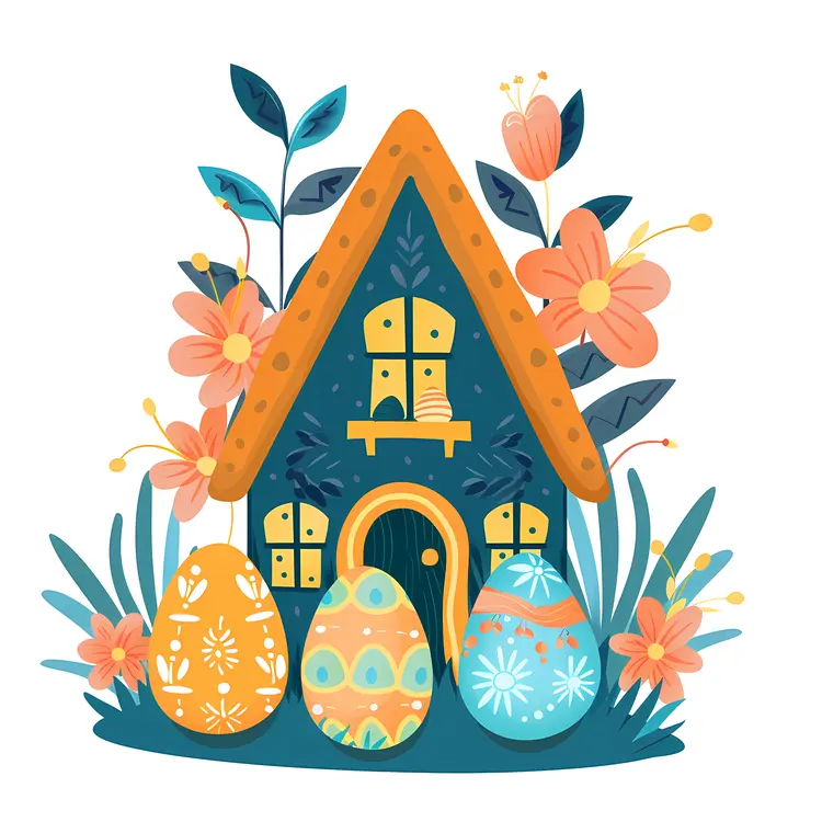 Decorative House with Easter Eggs and Flowers