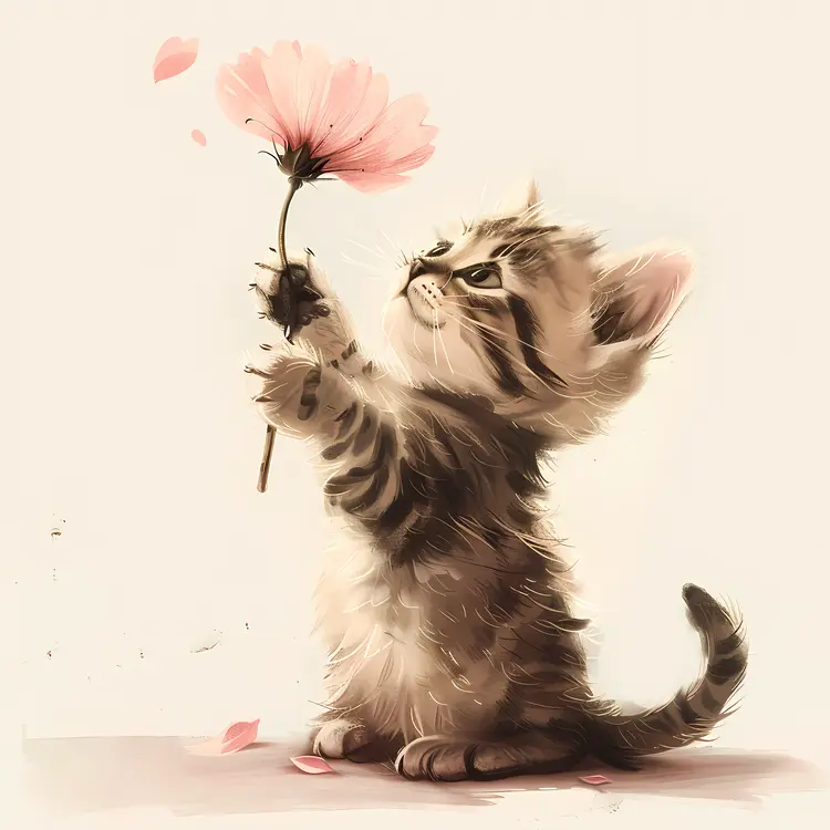 Striped Kitten Holding a Flower