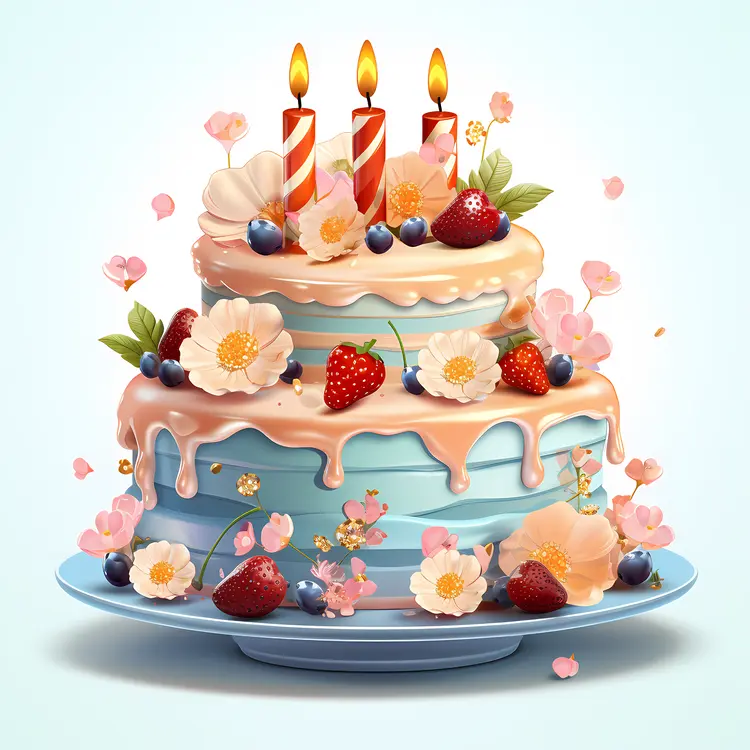 Birthday Cake with Candles and Floral Decorations