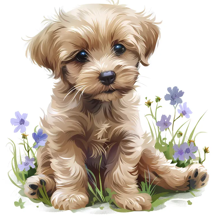 Cute Puppy in Grass with Purple Flowers