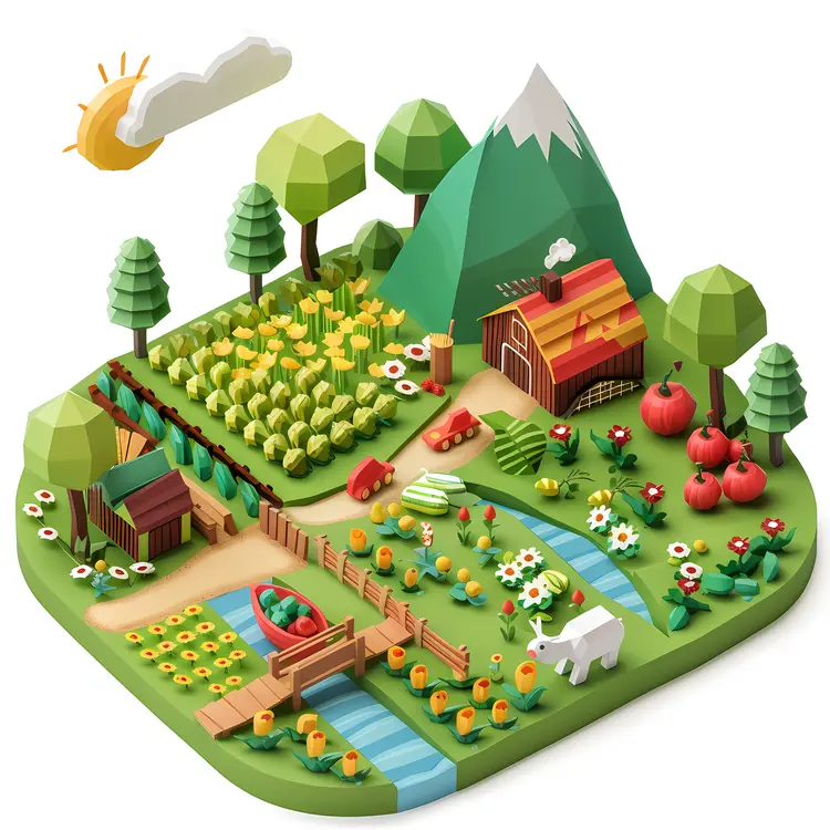 Farm with Mountains and Fields