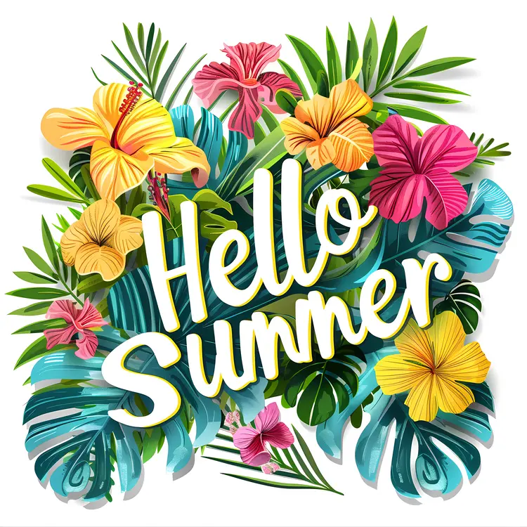 Hello Summer with Tropical Flowers and Leaves