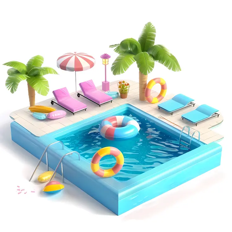 Colorful Swimming Pool with Palm Trees and Sun Loungers