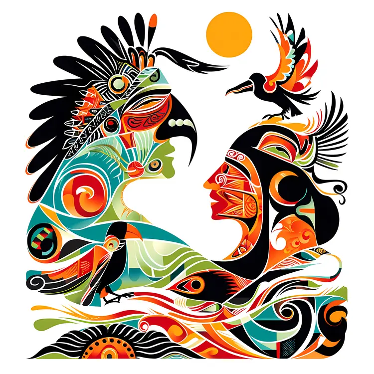 Colorful Abstract Native Figures with Bird