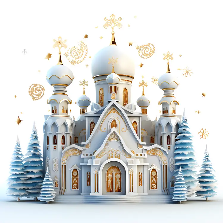Snowy Church with White Domes