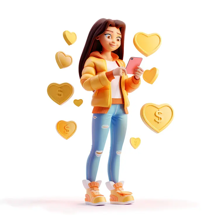 Cartoon Girl with Hearts and Smartphone