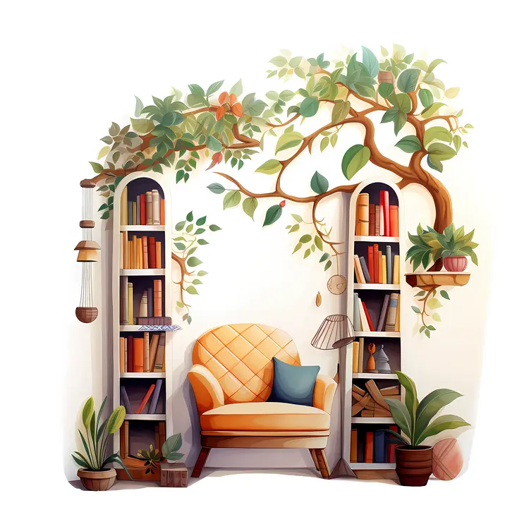 Cozy Yellow Armchair with Bookshelf and Plants