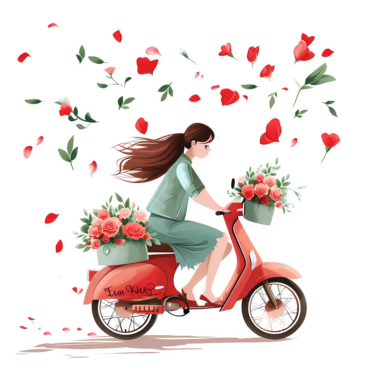 Woman Riding a Scooter with Flowers