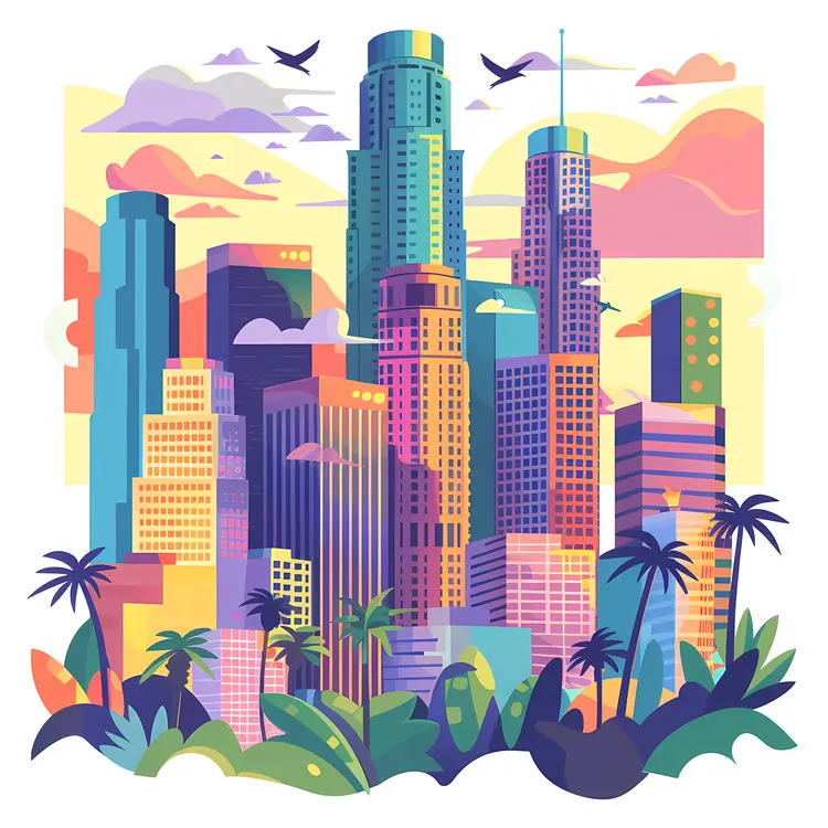 Colorful Cityscape with Palm Trees