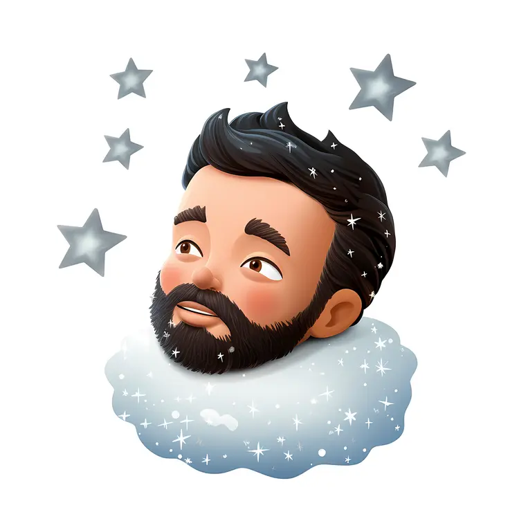 Bearded Man Head in Cloud with Stars