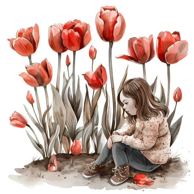 Girl Sitting with Tulips Illustration